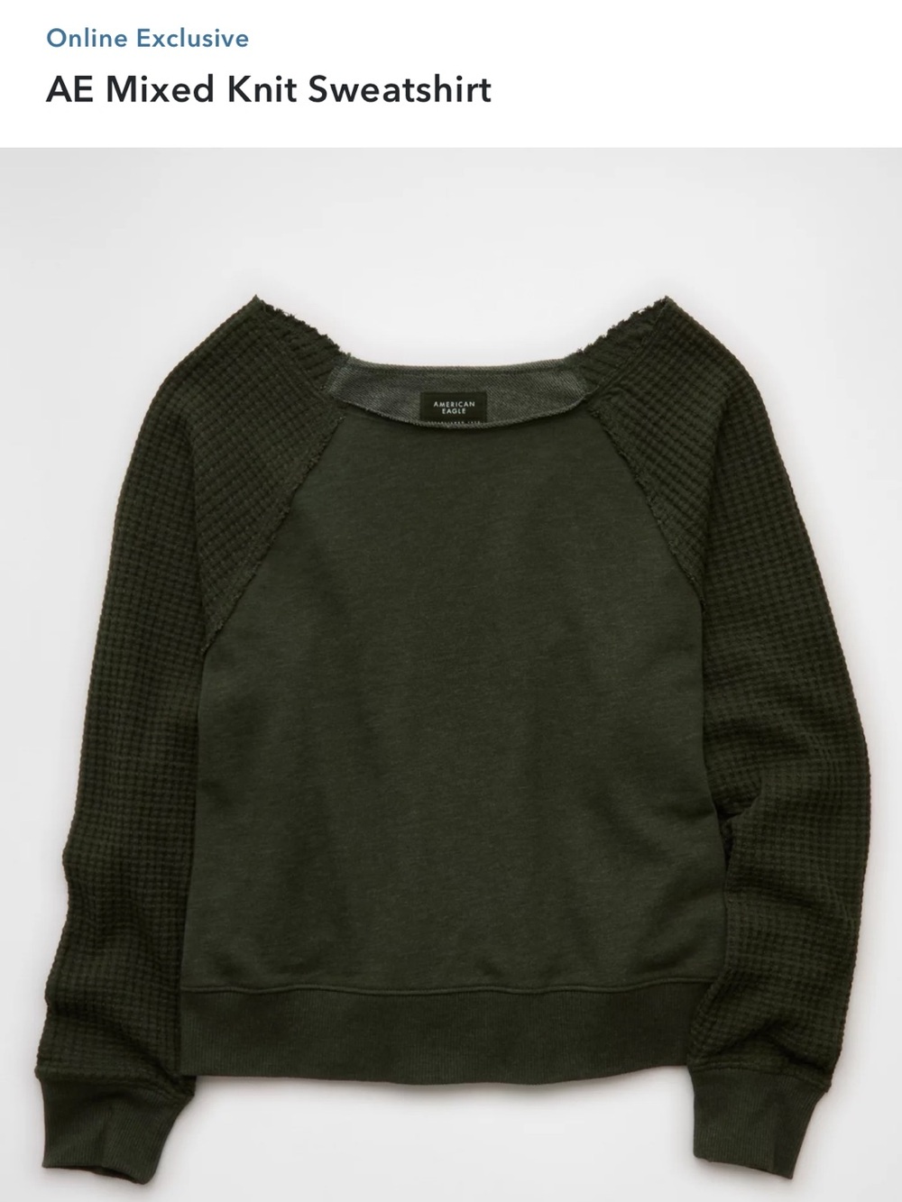 American Eagle AE Big Hug V-Neck Waffle Sweatshirt Green Crewneck Sweater Size M